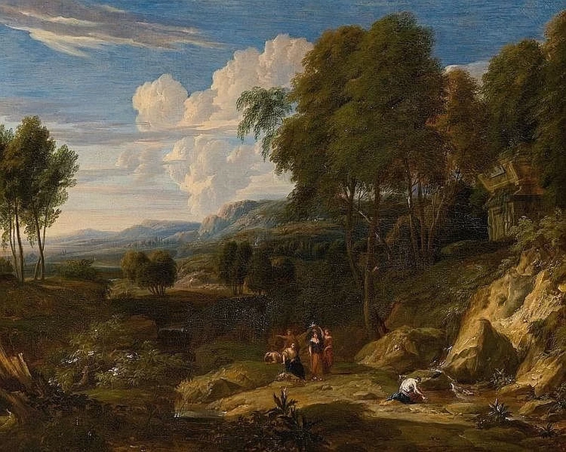 Paesaggio italianizzante con figure presso una fonte e un antico monumento classico